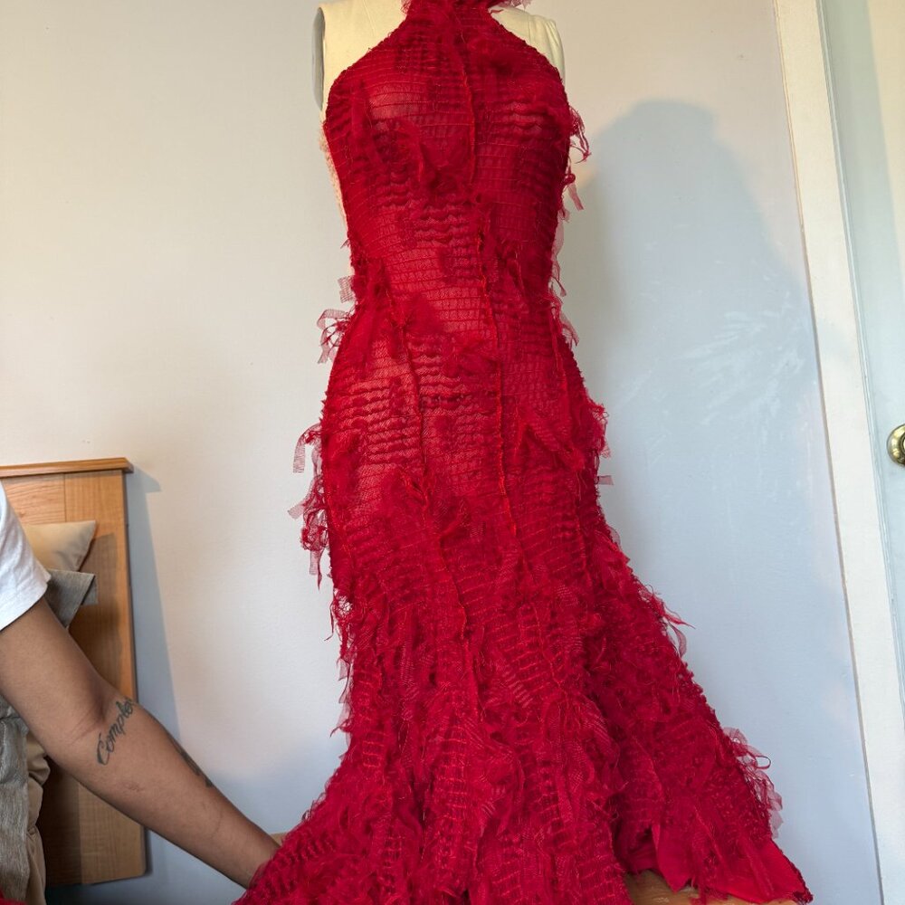 COUCOO Khao Fringe Red Backless Halter Strapless Midi Dress Size M